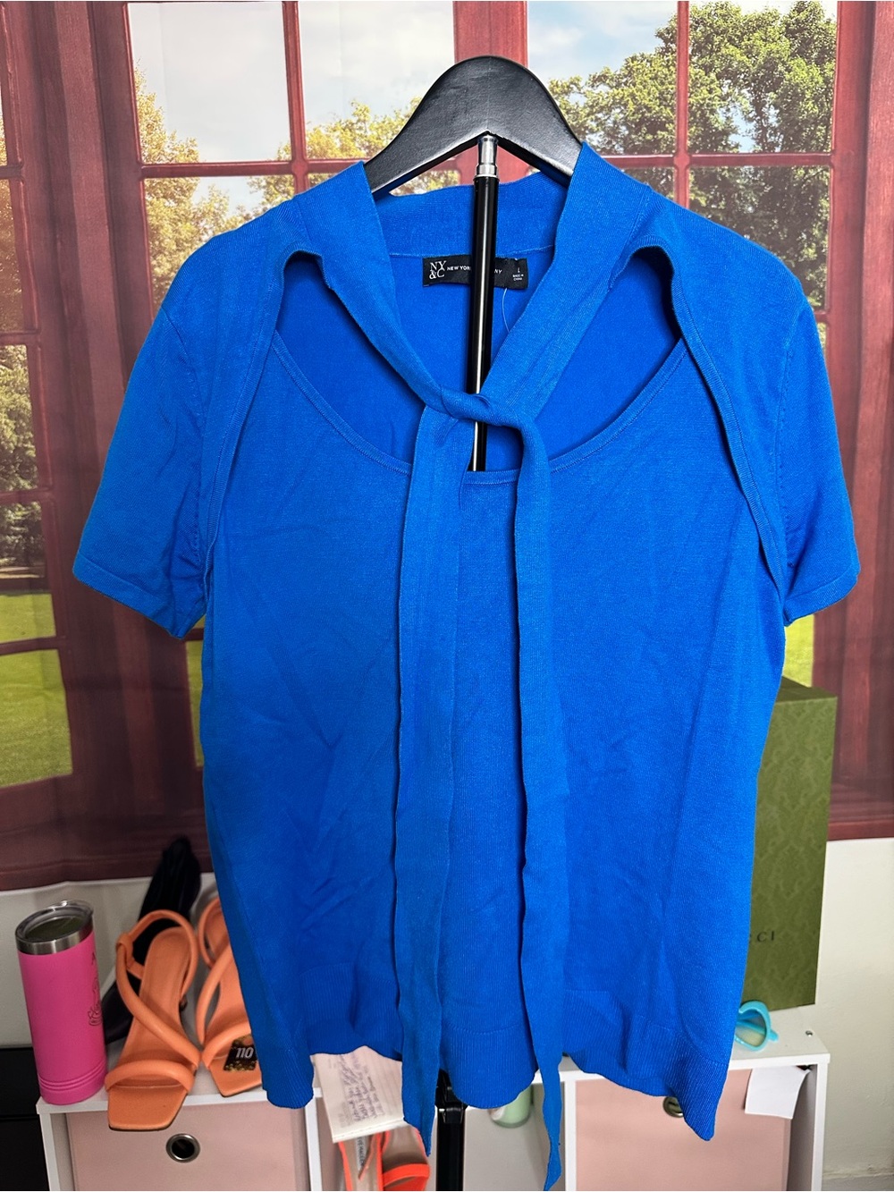 New York and Company Total Blue Sweater with tie accent